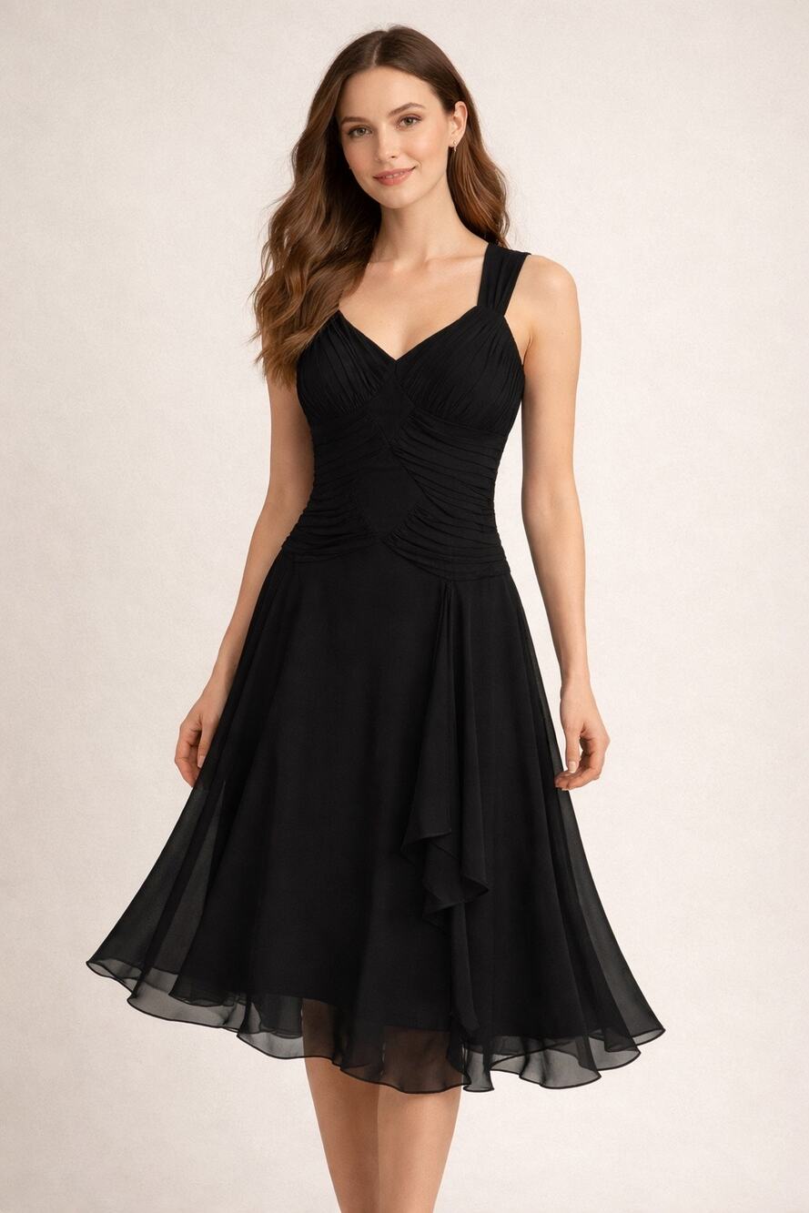 Sangria A-Line Pleated Chiffon Midi Dress Black Size 6